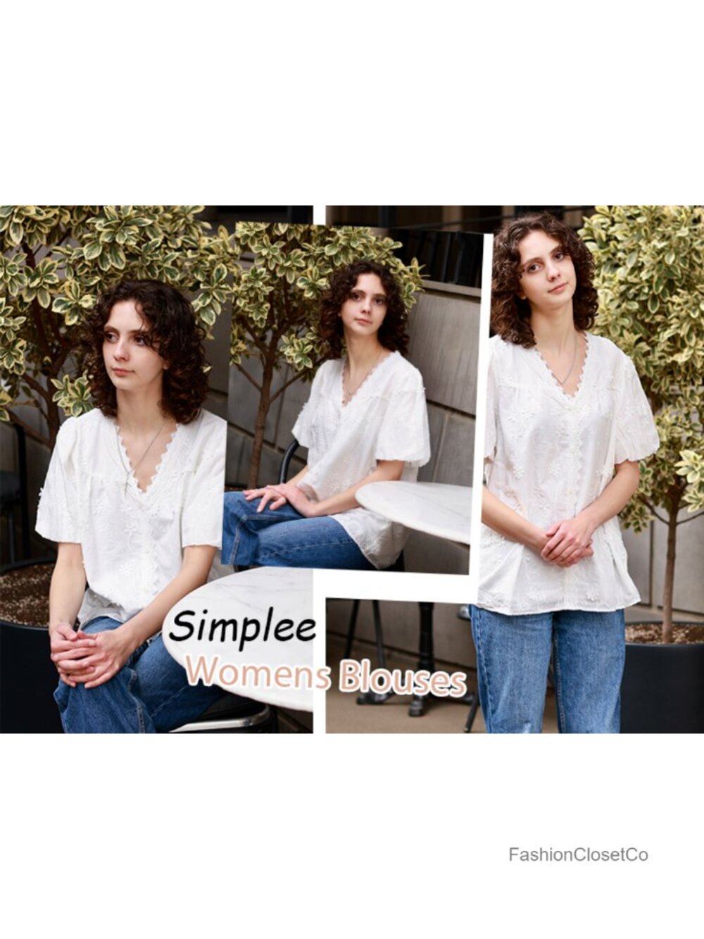 Women's Embroidered Eyelet V-Neck Short Sleeve Blouse Peasant Top - Picture 6 of 6